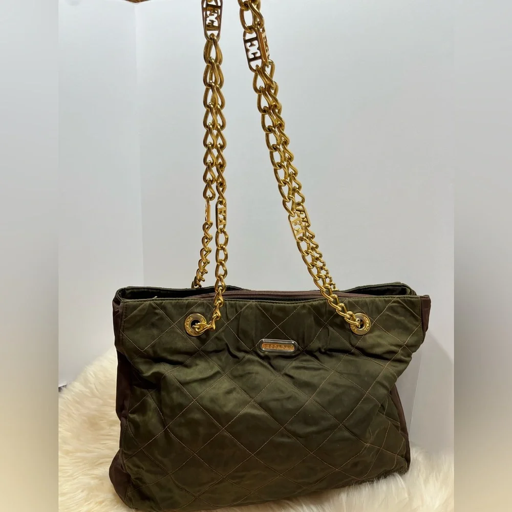 Escada Vintage Lux Quilted Nylon Tote/Shoulder Bag Olive Green and Brown - Picture 7 of 17